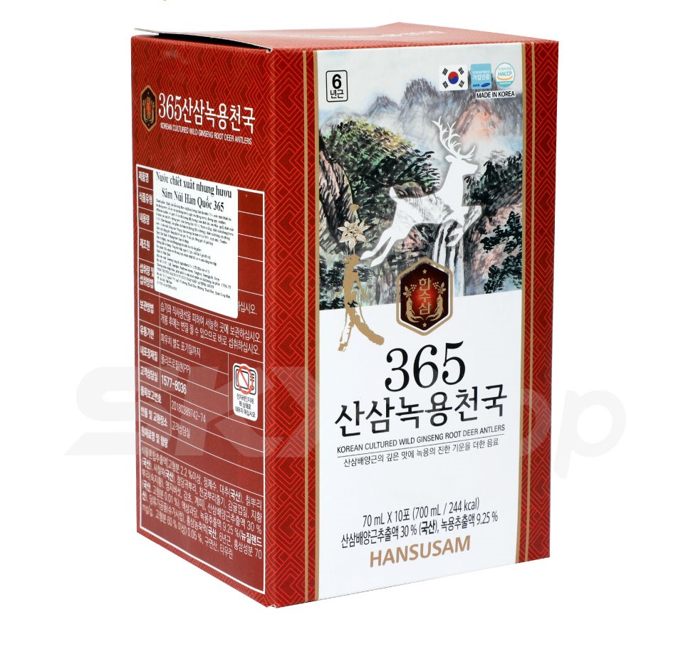 Nước hồng Sâm Núi nhung hươu 365 Hasusam 10 gói 70ml